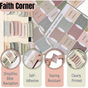May include: A set of colorful, self-adhesive Bible tabs with book names printed in English and Spanish. The tabs are tear-resistant and designed to simplify Bible navigation. The image shows a close-up of the tabs and a hand using them in a Bible.