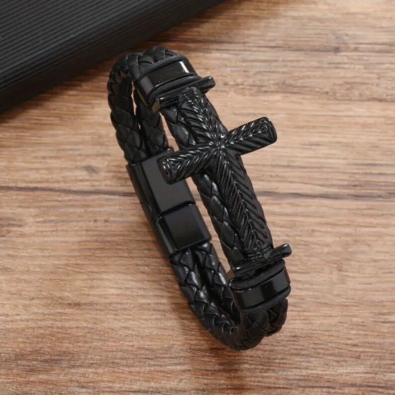 Christian Bracelet for Men. Men's Cross Leather Bracelet, Black ...