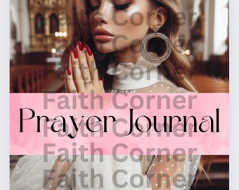 May include: A pink and white prayer journal with the text "Faith Corner Prayer Journal" on the front cover. The journal is open to a blank page.