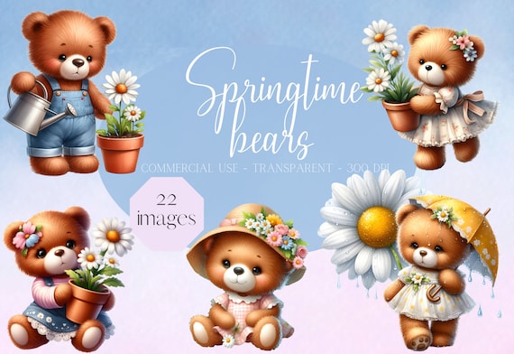 Watercolor Springtime Bears, teddy bear clipart, Daisy clipart, PNG, commercial use, cute bear clipart, digital download, spring bears