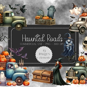 Halloween images clipart, spooky clipart, fall, vintage pickup, haunted, commercial use clipart, POD, ghosts, witch, pumpkin, digital