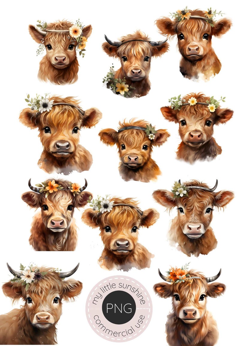 Boho Highland Cow Floral Crown Watercolor Clipart (PNG) - Etsy