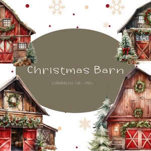 Christmas Barn Watercolor Clipart, Transparent PNG, Watercolor Christmas clipart, POD, scrapbooking, Commercial Use, holiday clipart