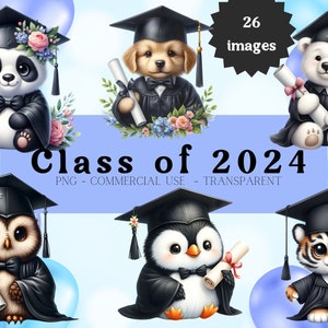 Graduation Clipart PNG Bundle, Cute watercolor animal clipart, Watercolor Commercial Use,  graduation class of 2024, graduation animals
