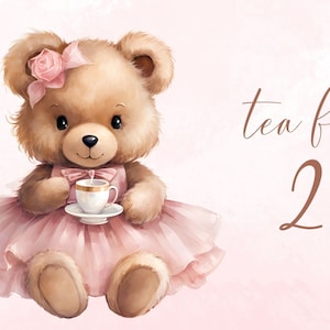 Tea Party nounours clipart png, impression chambre d'enfant, ours en peluche png clipart, clipart ours aquarelle png, tea party ours