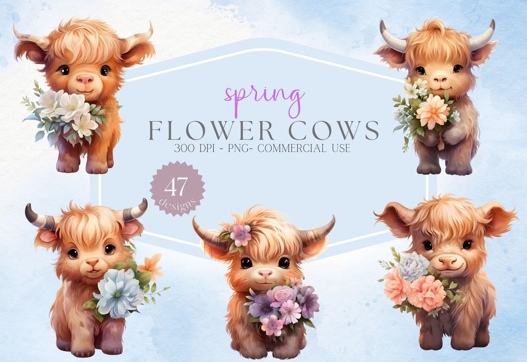 Baby Highland Cow Floral Clipart Png, Nursery Print, Highland Cow Png ...