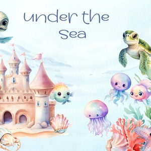 Bajo el mar acuarela clipart, pulpo, medusa, ballena, decoración de la guardería, arte de la pared del bebé, lindos animales del océano png, baby shower, scrapbooking