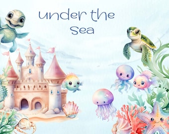 Under the sea watercolor clipart, octopus, jellyfish, whale, nursery decor, baby wall art, cute ocean animals png, baby shower, scrapbooking