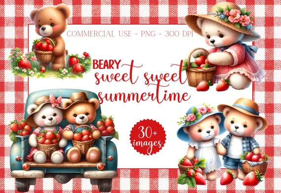 Watercolor Summer bear Clipart, Strawberry Teddy bear, Summer Strawberry, strawberry bears, Summertime Bears, Summer bear, commercial, PNG