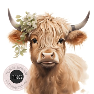 Highland cow clipart, watercolor highland cow clipart png, Nursery Print, floral crown cow clipart, watercolor clipart png, wildflower cow