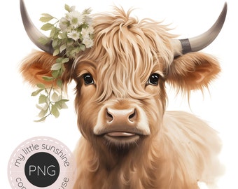 Highland cow clipart, watercolor highland cow clipart png, Nursery Print, floral crown cow clipart, watercolor clipart png, wildflower cow