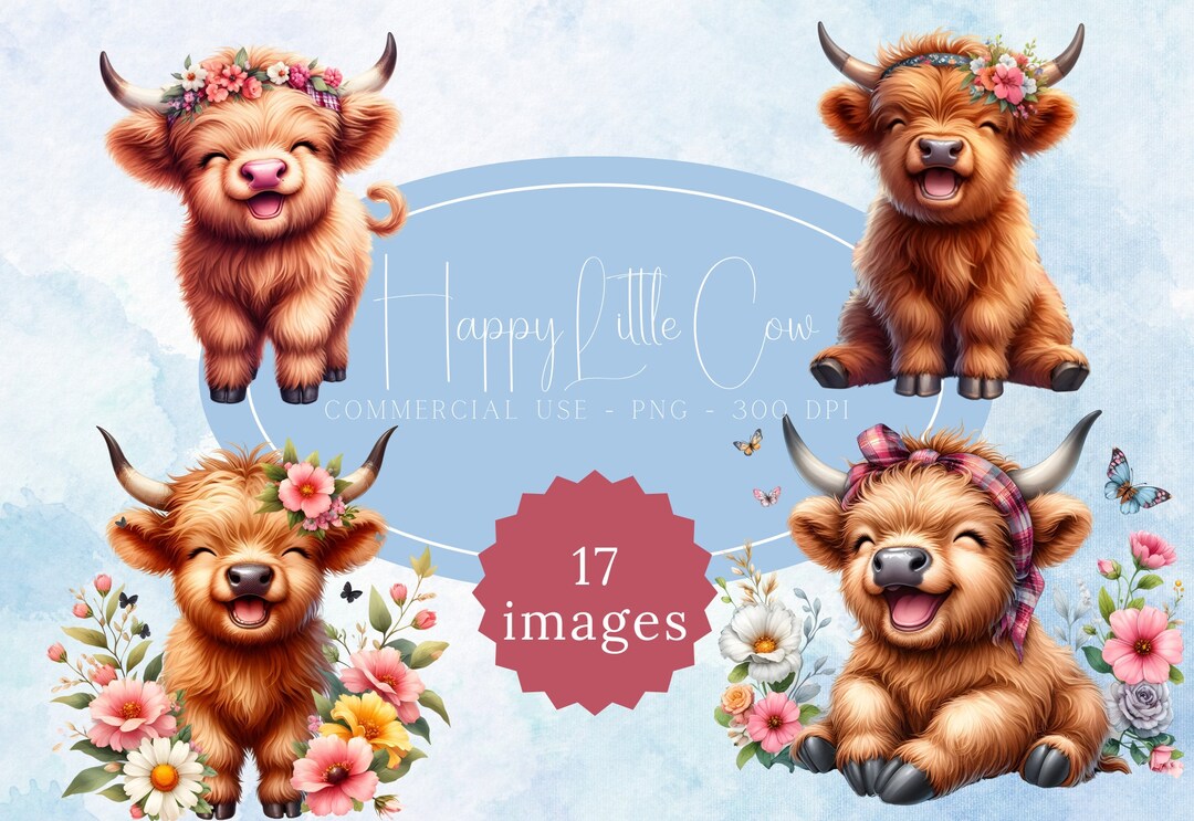 Watercolor Highland Cow Clipart: Flower Crown PNG Bundle (commercial ...