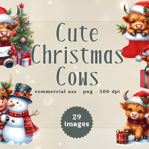 Christmas Highland Cow Bundle, cute christmas cow clipart, watercolor christmas, Commercial use, digital download, POD, PNG, Sublimation