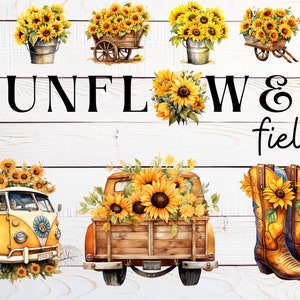 watercolor sunflower Clipart bundle - sunflower PNG - rustic wedding - boho flowers - VW clipart- Floral Clipart - yellow - Commercial use