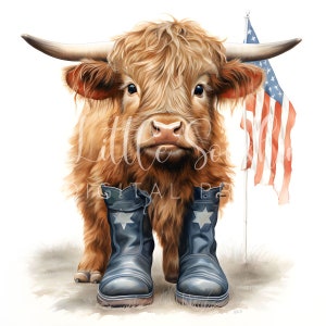 Highland cow png, Highland cow watercolor clipart, highland cow clip art, cow png clipart, highland cow patriotic clipart, fourth of July