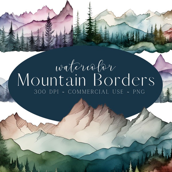 Watercolor Mountain Clipart Borders PNG Bundle, Watercolor Digital Scrapbooking Elements, DIY Sublimation, Nature art prints