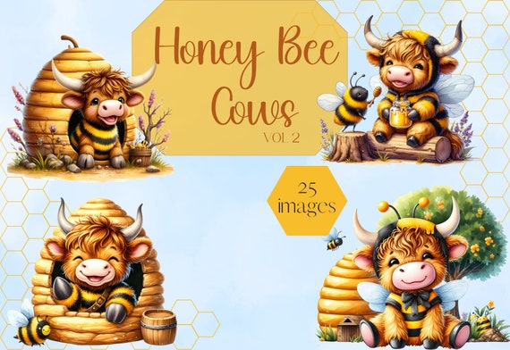 Highland Cow Clipart, Bumble Bee Highland cow, watercolor honey bee highland cow, summer highland cows, PNG, watercolor clipart