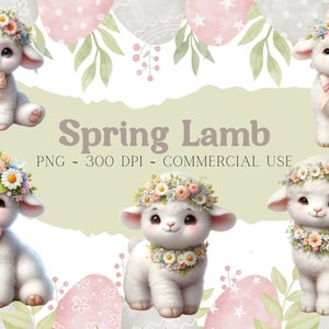 Clipart di agnello primaverile acquerello di Pasqua, clipart di Pasqua PNG, clipart di primavera, clipart di animali di Pasqua, agnello di fiore, uso commerciale, digitale