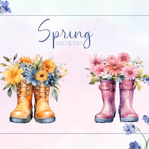 Spring garden clipart, rainboots, spring flowers, PNG, commercial use, POD, digital,  floral clipart, watercolor clipart, scrapbooking,
