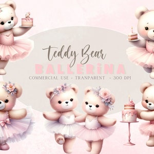 Ballerina Teddy bear clipart png, Nursery Print, teddy bear png clipart, watercolor bear clipart png, cute bear ballerina, tea party png