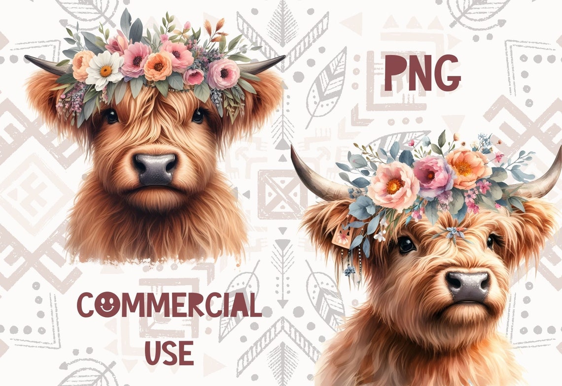 Highland Cow Floral Crown Clipart Png, Nursery Print, Highland Cow Png ...