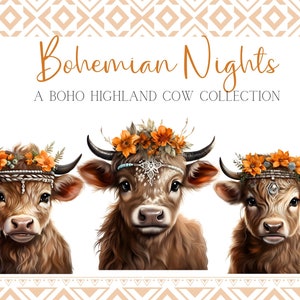 Highland cow floral crown clipart png, Boho highland cow, Nursery Print, Highland cow png clipart, watercolor clipart png