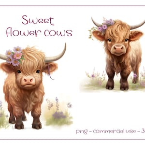 Clipart de vaca das terras altas, PNG, vaca com coroa de flor roxa, download digital, scrapbooking, POD, uso comercial, download de vaca fofa