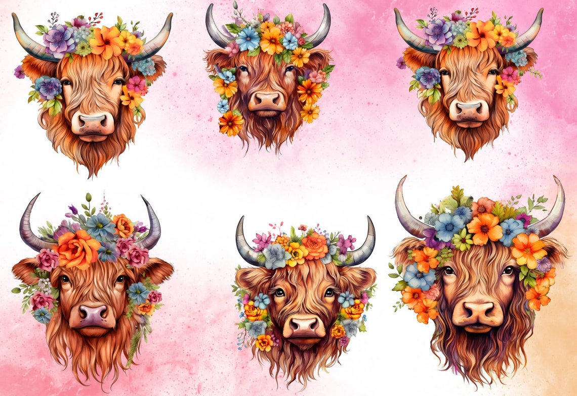Boho Highland Cow Clipart: Watercolor Flower Crown (PNG, Commercial Use ...