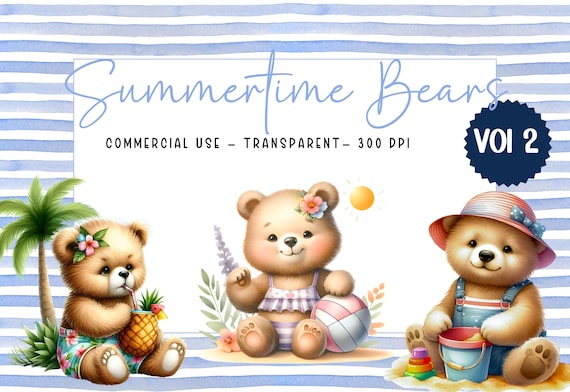 Beach Bear Clipart, watercolor beach clipart, summertime bear clipart, cute bears, summer bear, beach bears, PNG, commercial use, digital