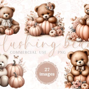 Clipart citrouille d'automne, clipart élégant ours en peluche citrouille rose blush, clipart ours en peluche, ours mignon, baby shower, invitations, POD,