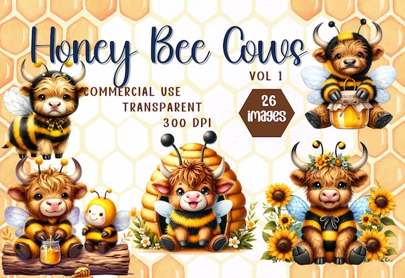 Bumble Bee Highland Cow Clipart, watercolor honey bee highland cow, highland cow clipart, summer highland cows, PNG, watercolor clipart