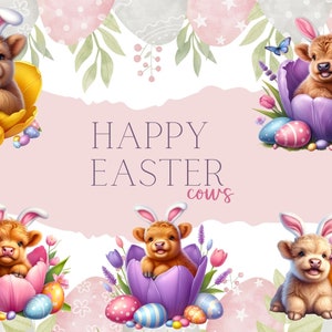 Clipart mucca delle Highlands con fiori primaverili, clipart mucca delle Highlands, clipart di Pasqua, clipart primaverile ad acquerello, mucca primaverile, mucca di Pasqua, PNG, tulipano