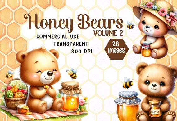 Summertime watercolor Bear Clipart, Honey bear clipart, honey bee, bumble bee, summer bear clipart, commercial use watercolor clipart, png