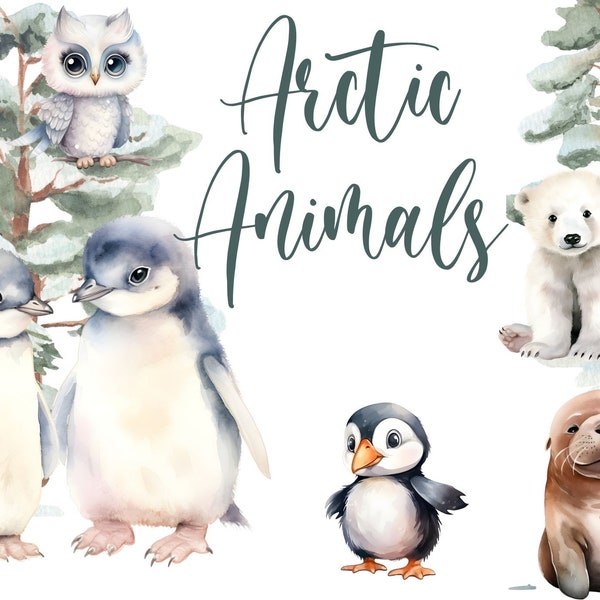 watercolor arctic animals clipart, snow animals png, watercolor clipart png, commercial license, penguin, polar bear, digital download