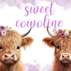 Clipart de aquarela de vaca das terras altas PNG, vaca com coroa de flor roxa, download digital, scrapbooking, POD, uso comercial, clipart de vaca das terras altas