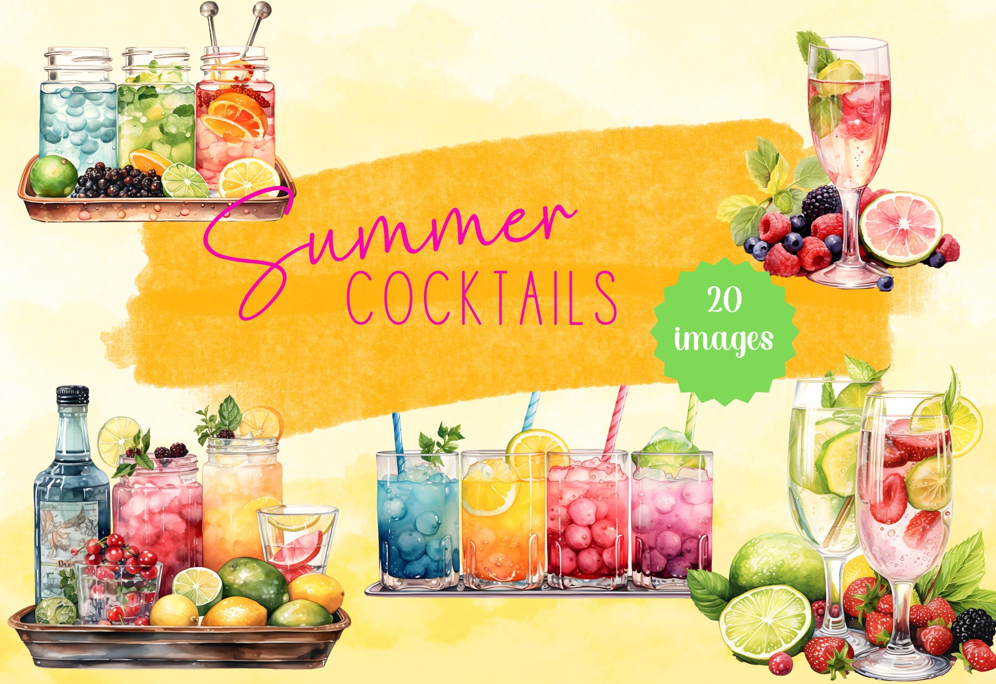 Watercolor Cocktails Clipart, Summer Drink Clipart, Mocktail, Bar ...
