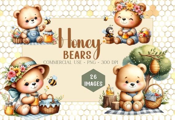 Summer Bear CLipart, watercolor bear clipart, Honey bear clipart, summertime, honey bee, bumble bee, honey bear, summer bear, PNG, cute bear