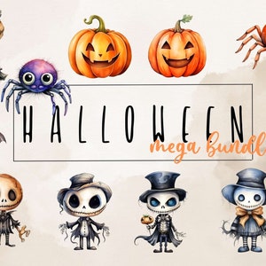 Watercolor halloween Clipart - PNG- ghosts, bats, skeletons, digital graphics, commercial use, POD,