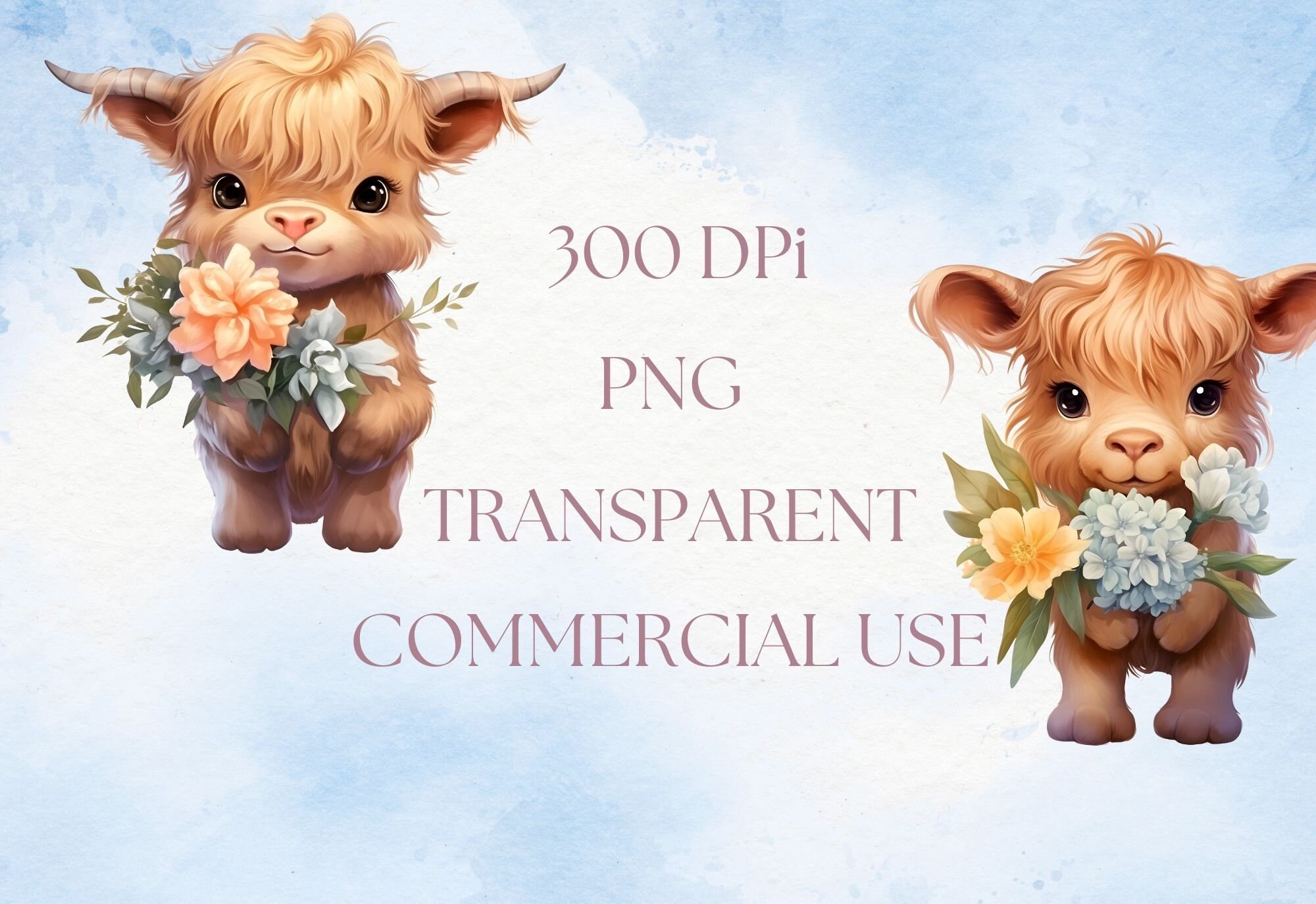 Baby Highland Cow Floral Clipart Png, Nursery Print, Highland Cow Png ...