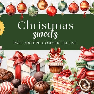 107 Watercolor Christmas Sweets Clipart, Christmas Dessert PNG Bundle, cake, cookies, gingerbread, Clipart, Sublimation, commercial use, POD