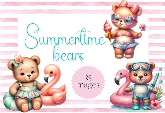 Watercolor Beach Bear Clipart, Watercolor summertime bear clipart, cute bear, beach, summertime, summer bears, digital download, PNG