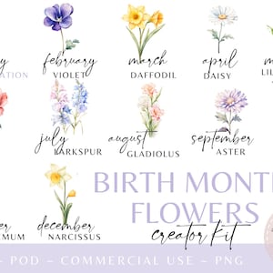 Clipart fleurs mois de naissance, aquarelle floral PNG, impression de fleurs bricolage mois de naissance, graphique fleur, téléchargement numérique, usage commercial