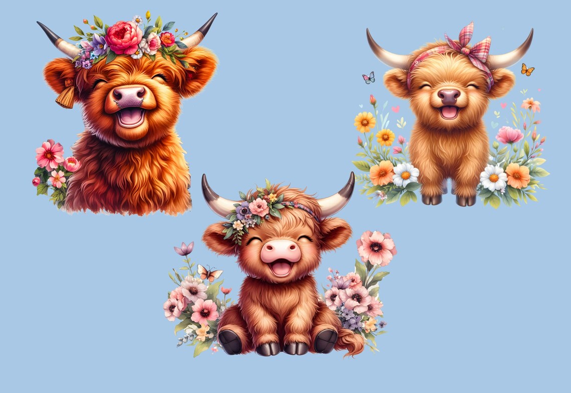 Watercolor Highland Cow Clipart: Flower Crown PNG Bundle (commercial ...