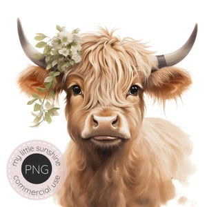 Highland cow floral crown clipart png, Nursery Print, Highland cow png clipart, watercolor clipart png, wildflower cow, commercial use, png