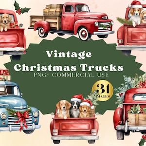 Aquarell Vintage Weihnachten LKW Clipart, Clipart Roter LKW, Vintage LKW Png, Welpe Weihnachts-LKW, Vintagehänger PNG, Weihnachtswelpe