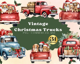 Watercolor Vintage Christmas Truck clipart, Red Truck Clipart, Vintage Truck Png, Puppy christmas truck, Vintage pickup PNG, Christmas puppy