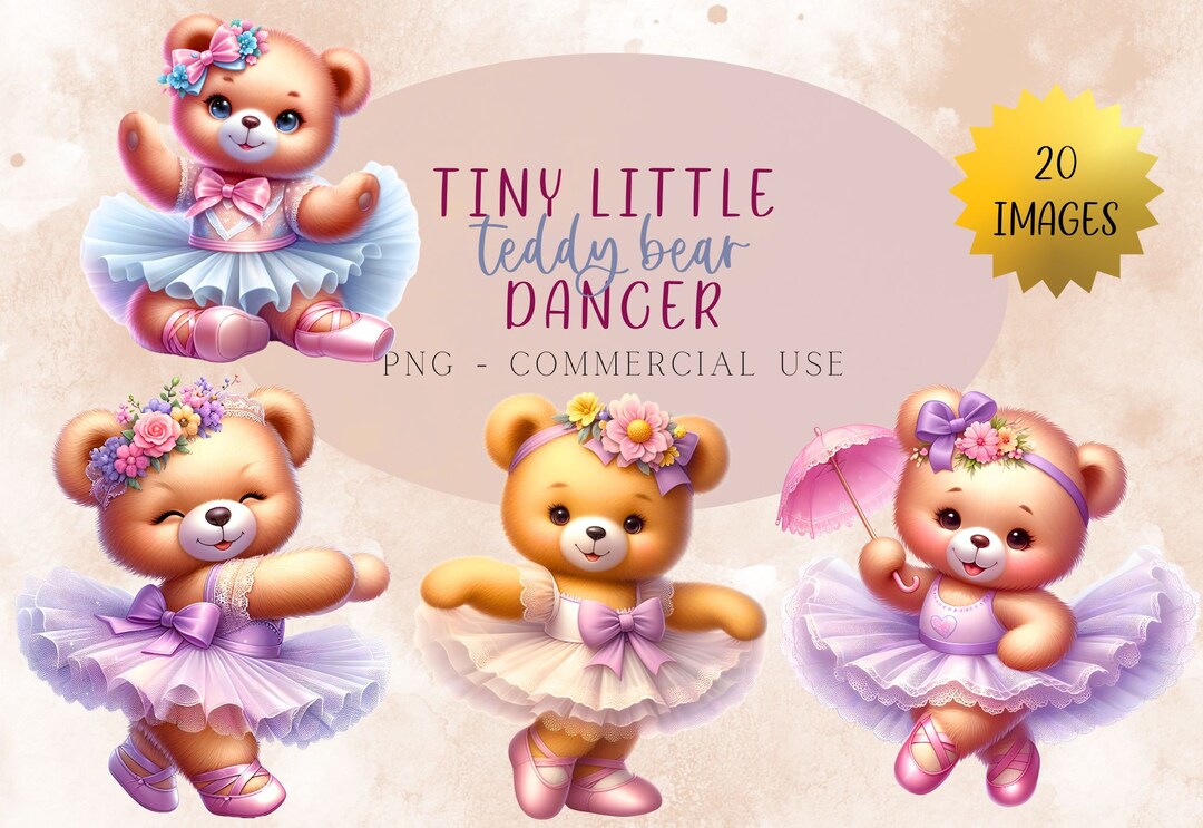 Ballerina Teddy Bear Clipart: Watercolor Ballet Bears PNG (digital ...