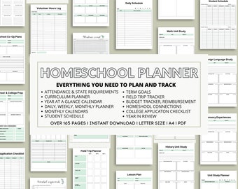 May include: A digital homeschool planner set featuring various printable pages including a daily schedule, attendance record, field trip planner, and lesson plan. The central text reads HOMESCHOOL PLANNER EVERYTHING YOU NEED TO PLAN AND TRACK.