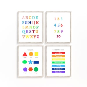 Rainbow Wall Art Set of 4 Prints, Rainbow Alphabet, Rainbow Numbers, Rainbow Shapes, Rainbow Days of the Weeks, Printables, Homeschool Decor