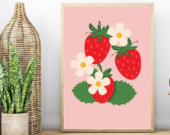 Strawberry Daisy Print, Cottagecore Kitchen Wall Art (Digital Download)